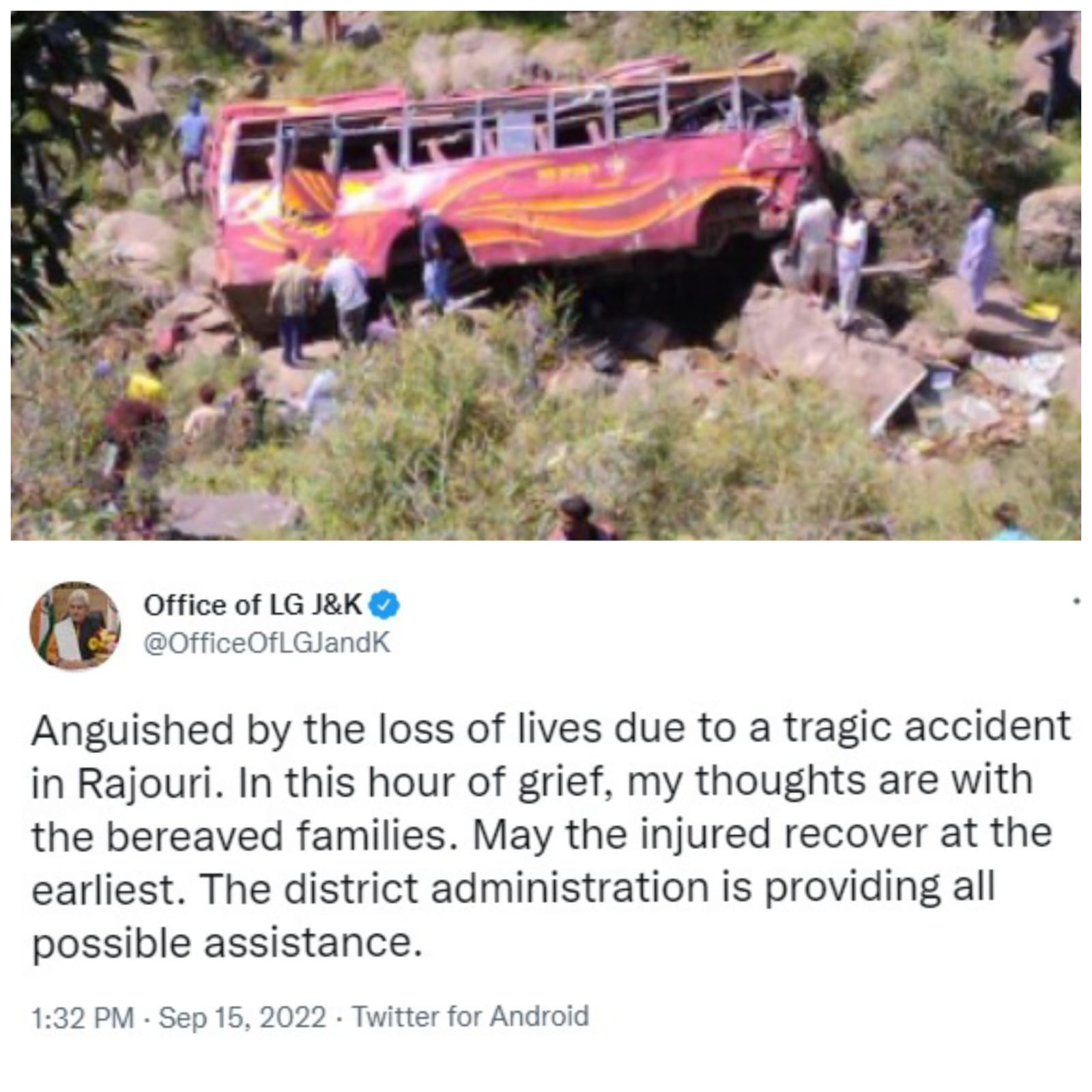 'LG Manoj Sinha expressed their grief over the loss of life in Rajouri bus accident'